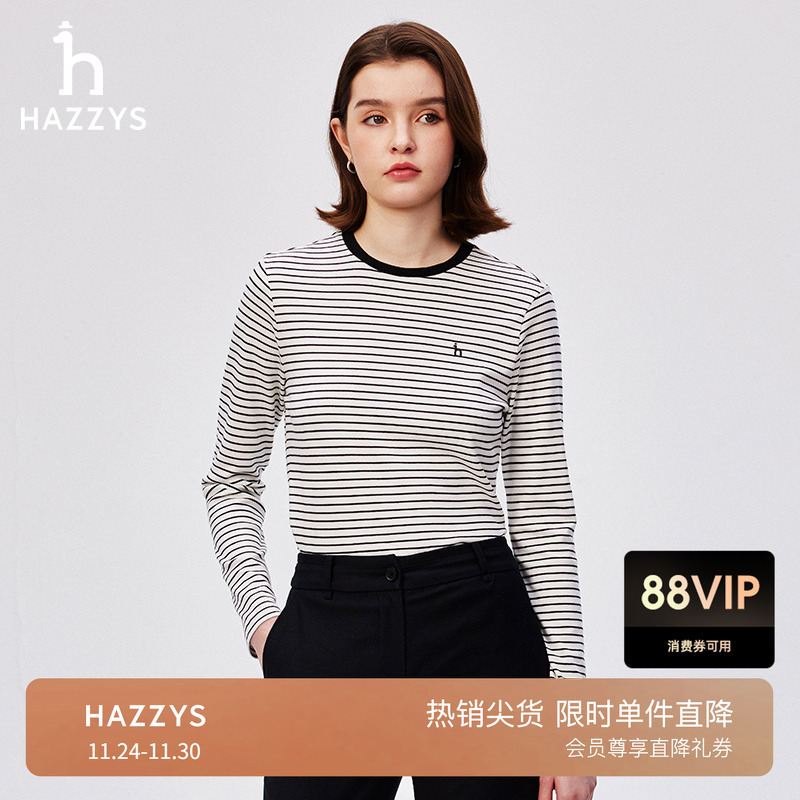 Hazzys圆领细条纹长袖T恤