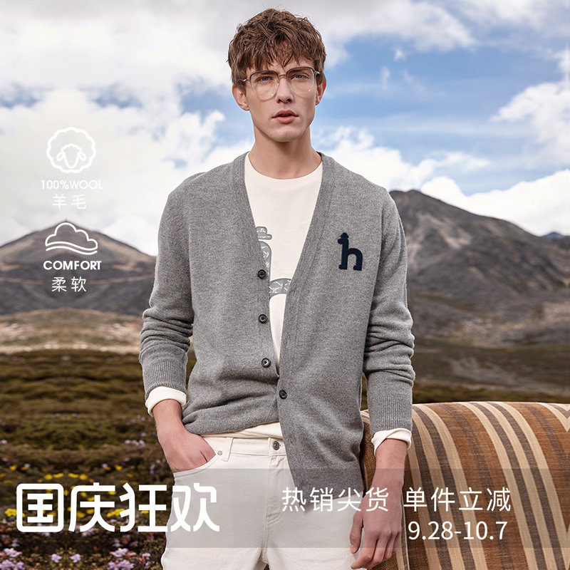 哈吉斯休闲V领长袖针织衫图片