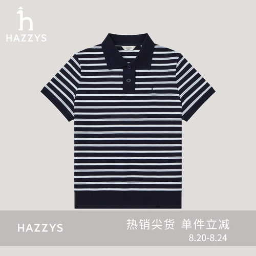 【商场同款】Hazzys哈吉斯宽松条纹polo衫女士夏季新款短袖t恤