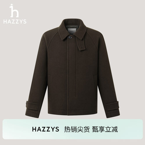Hazzys哈吉斯休闲冬季男士翻领羊毛混纺插肩袖廓形短大衣潮流上衣