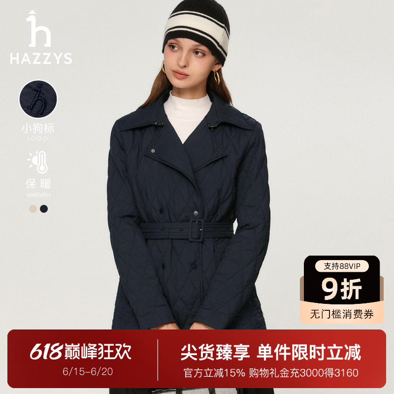 Hazzys哈吉斯外套女秋冬新款格子潮流棉服休闲时尚短款腰带风衣潮