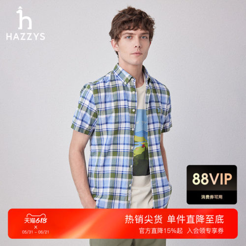 hazzys休闲格子短袖衬衫