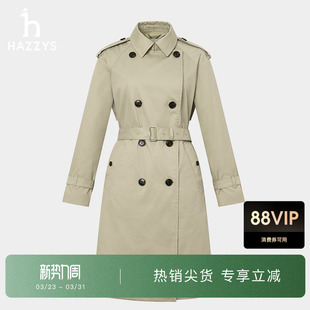 通勤腰带翻领外套 时尚 Hazzys哈吉斯双排扣宽松中长款 风衣女士春季