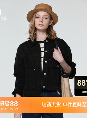 Hazzys哈吉斯牛仔夹克女春季时尚潮流宽松复古灯芯绒拼接翻领外套