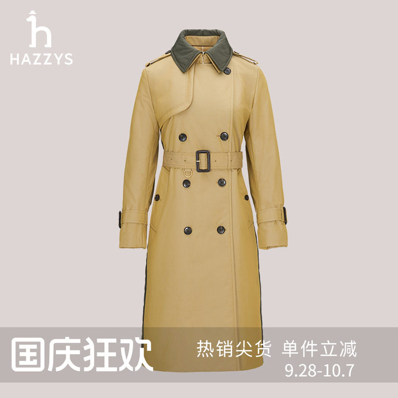 Hazzys哈吉斯中长款风衣女士秋冬舒适时尚休闲双排扣外套潮图片