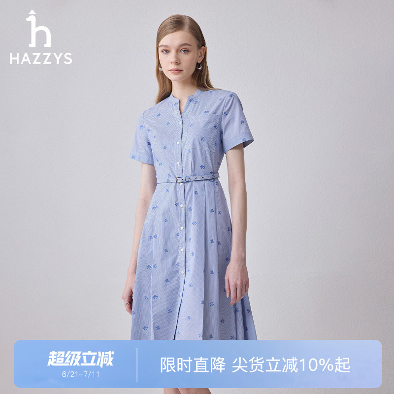 HazzysY字立领条纹印花短袖裙