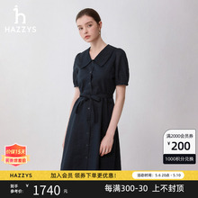 式 衬衫 连衣裙女系带显瘦中长裙子 大翻领泡泡短袖 Hazzys哈吉斯夏季