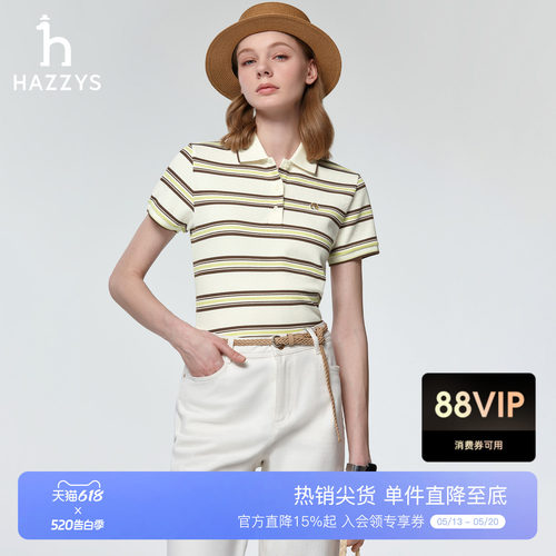 【夏季甄选】Hazzys哈吉斯宽条纹POLO衫女时尚休闲通勤短袖T恤潮