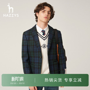 休闲格子西装 羊毛西服外套时尚 通勤潮流单西 男士 Hazzys哈吉斯冬季