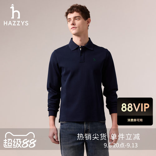 Hazzys哈吉斯秋季男士多色时尚休闲翻领净色长袖poloT恤百搭上衣