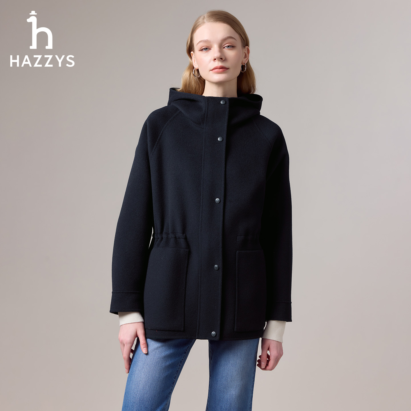 【商场同款】Hazzys哈吉斯宽松连帽羊毛大衣女2025年秋冬新款外套