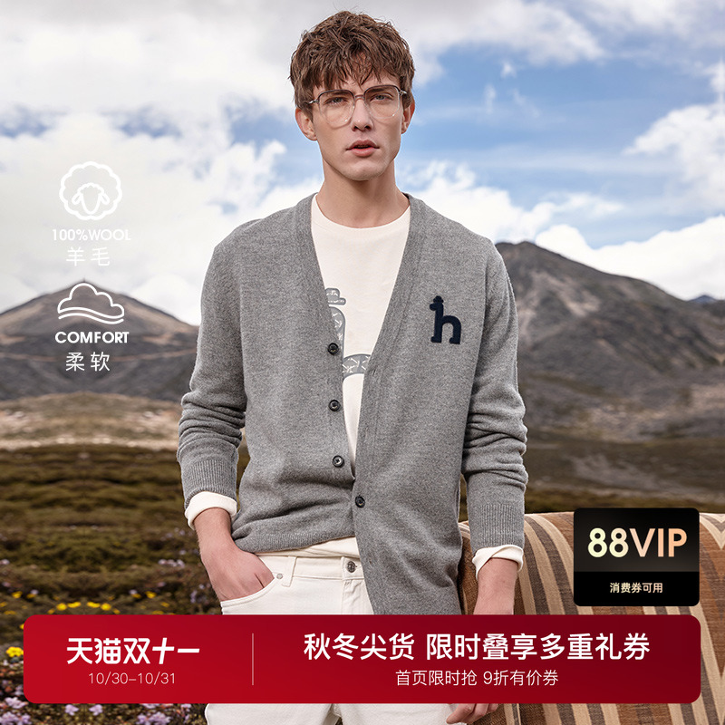 哈吉斯休闲V领长袖针织衫