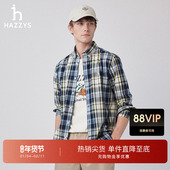 男士 时尚 潮流撞色格纹衬衫 Hazzys哈吉斯春秋季 长袖 休闲棉质衬衣男