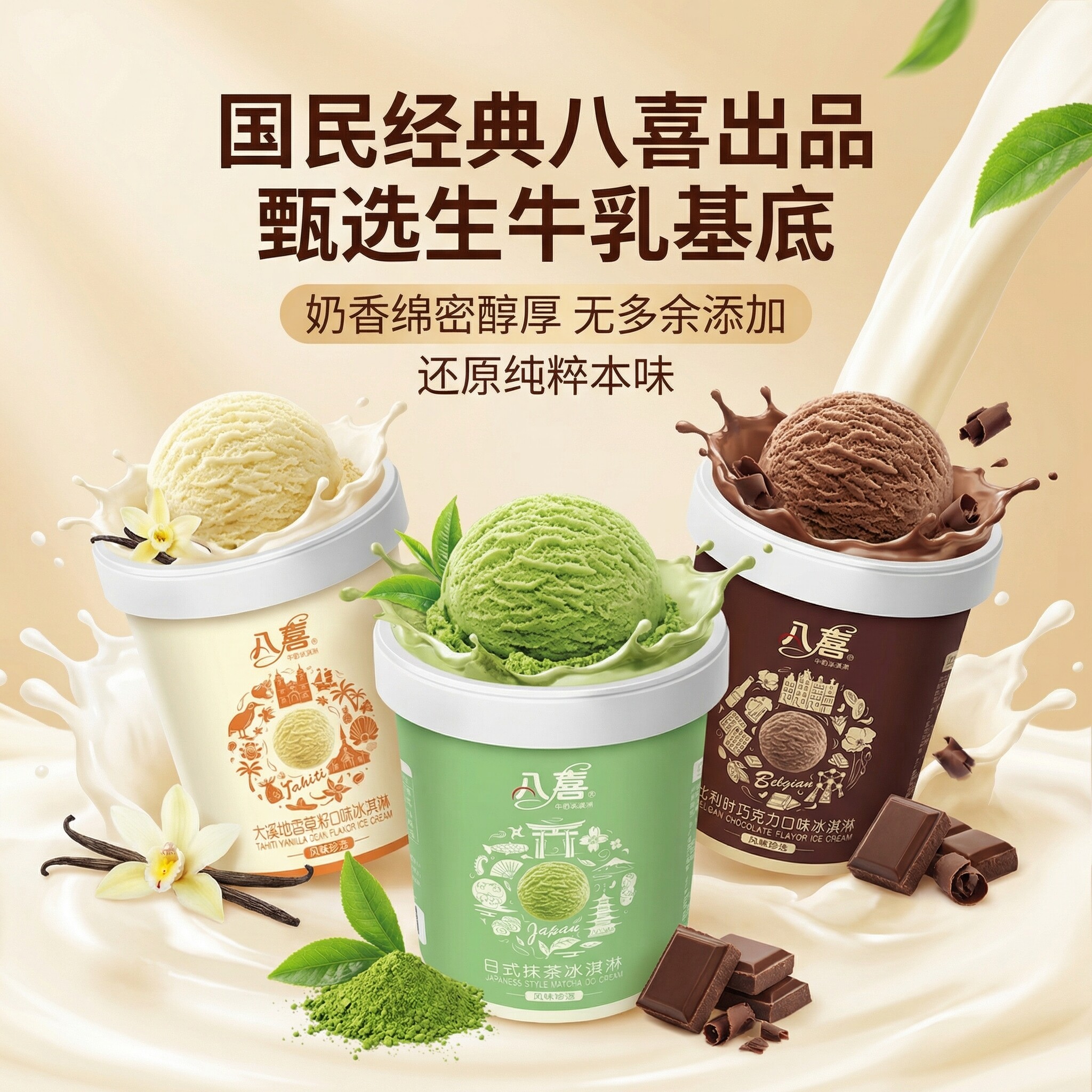【包邮】4桶八喜珍品比利时巧克力冰淇淋香草抹茶味270g