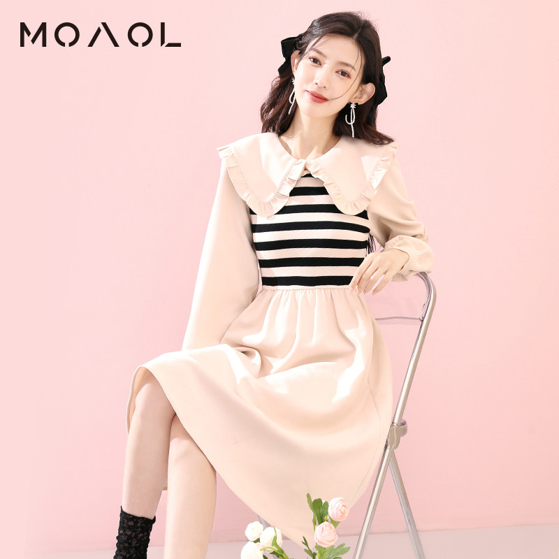 moaol/摩奥春秋新条纹针织连衣裙复古气质拼接收腰打底长裙子女装