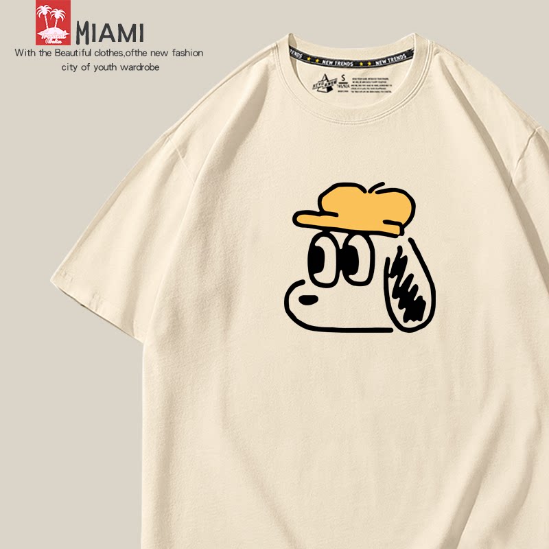 chic港味复古印花上衣夏季杏色半袖t恤宽松学生原宿风短袖女ins潮