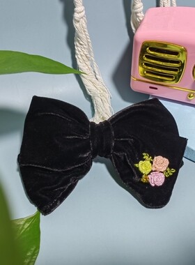 【木木子】原创设计纯手工刺绣丝绒韩式淡雅玫瑰蝴蝶结发夹弹簧夹