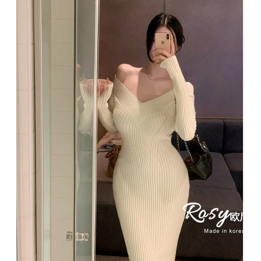 Rose欧尼 韩国代购V领针织连衣裙女长袖修身显瘦包臀裙御姐风,女装/女士精品,连衣裙,淘宝优惠券,粉丝福利购,淘宝优惠卷