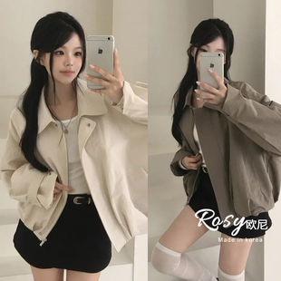 Rose欧尼 韩国代购休闲风翻领拉链短外套女宽松百搭夹克外套