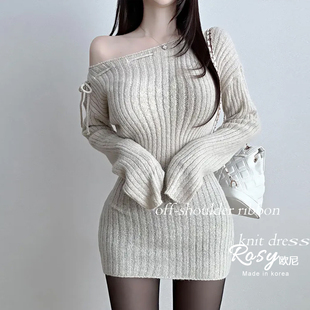 Rose欧尼 斜肩针织连衣裙女收腰显瘦短裙小个子 韩国代购
