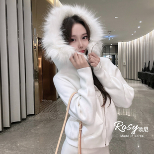 Rose欧尼 韩国代购温柔风甜美气质拉链针织衫毛毛连帽针织外套