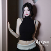 针织衫 Rose欧尼 T恤上衣 背心女纯色修身 短款 韩国代购 高领无袖