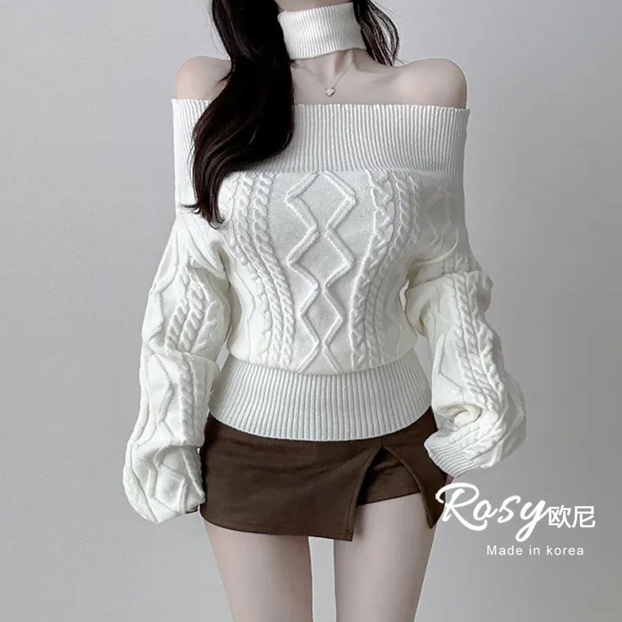Rose欧尼 韩国代购麻花一字肩针织衫女露肩慵懒风氛围感毛衣,女装/女士精品,毛针织衫,淘宝优惠券,粉丝福利购,淘宝优惠卷