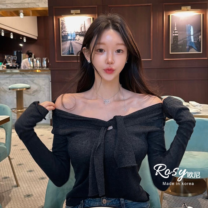 Rose欧尼 韩国代购绑带一字肩纯欲长袖针织衫女收腰显瘦简约上衣