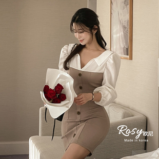 衬衫 Rose欧尼 韩国代购 富家千金气质 拼接假两件精致连衣裙