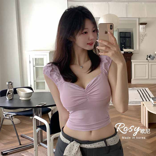 韩国代购 Rose欧尼 纯欲风性感方领露背T恤女