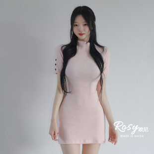 包臀显身材短裙短袖 半高领针织连衣裙女修身 韩国代购 Rose欧尼