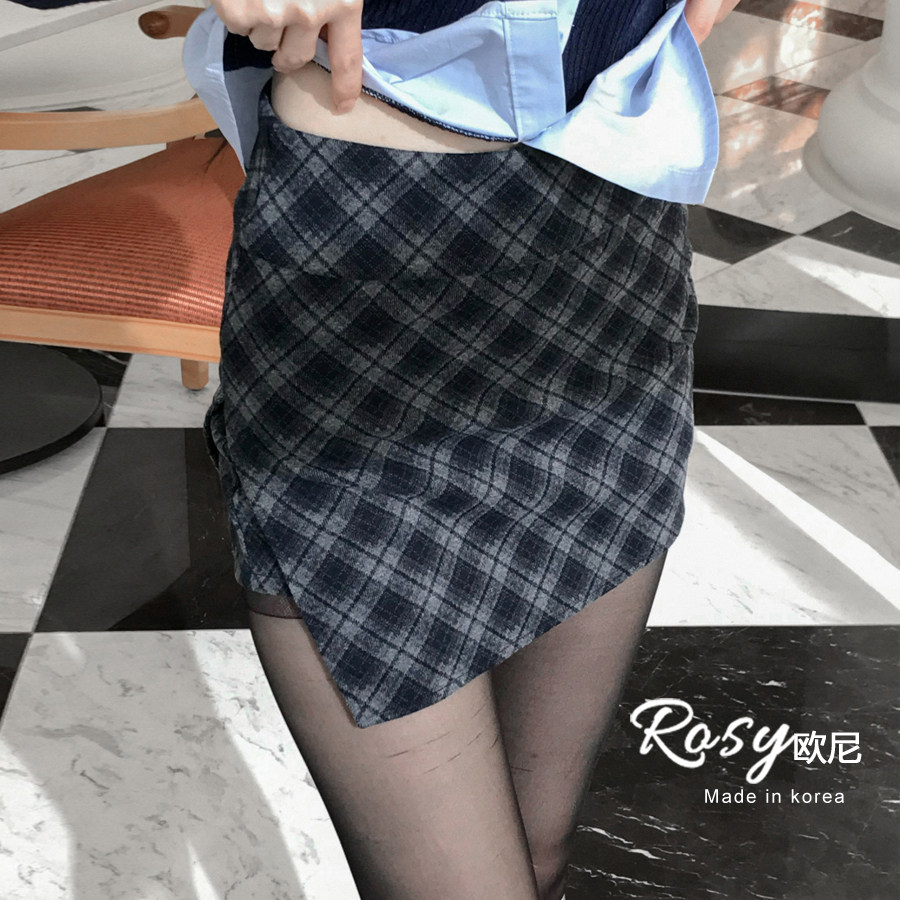 Rose欧尼 韩国代购高腰格纹半身裙女包臀显瘦短裙学院风半裙