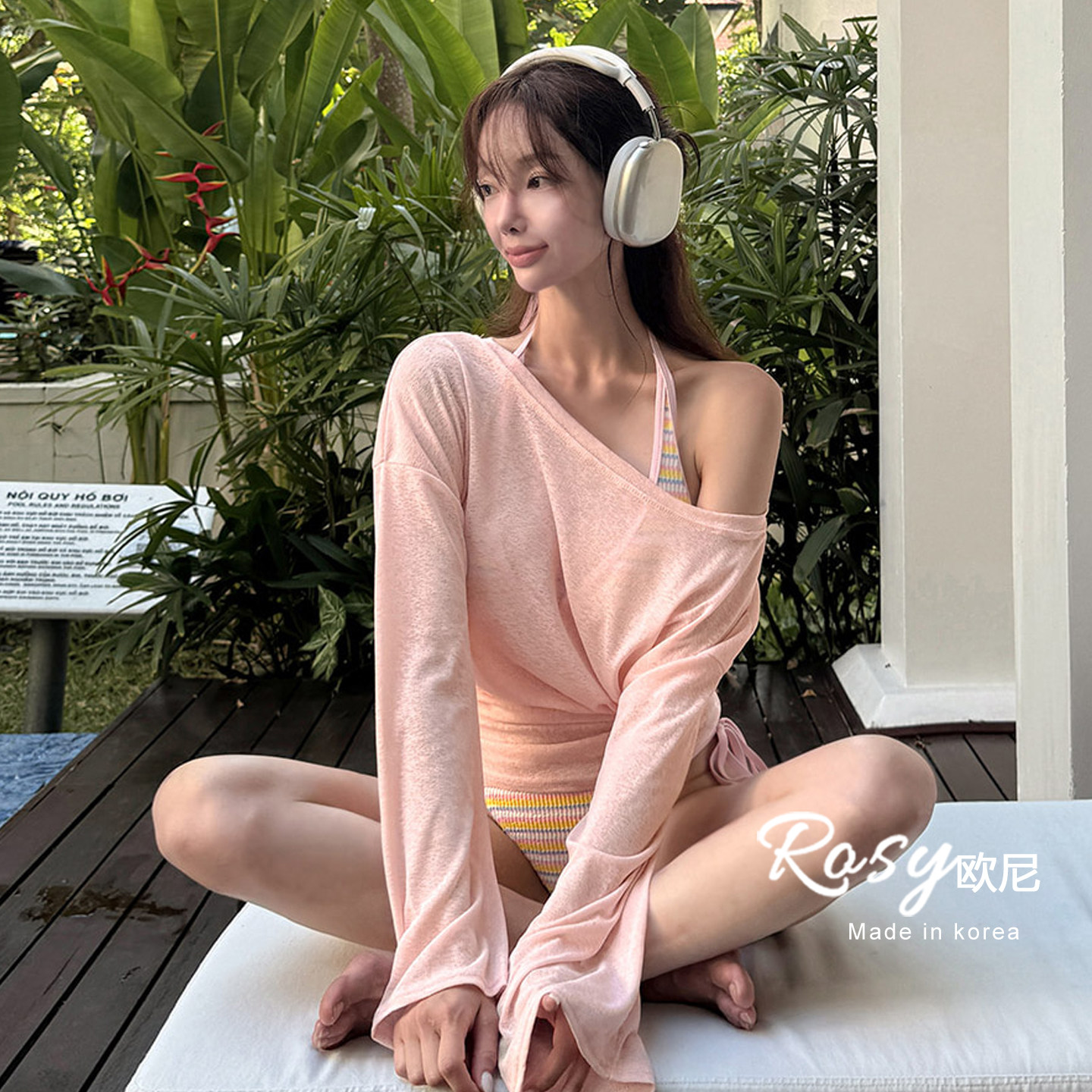 Rose欧尼 韩国代购度假风条纹比基尼女分体式三件套甜美风泳衣