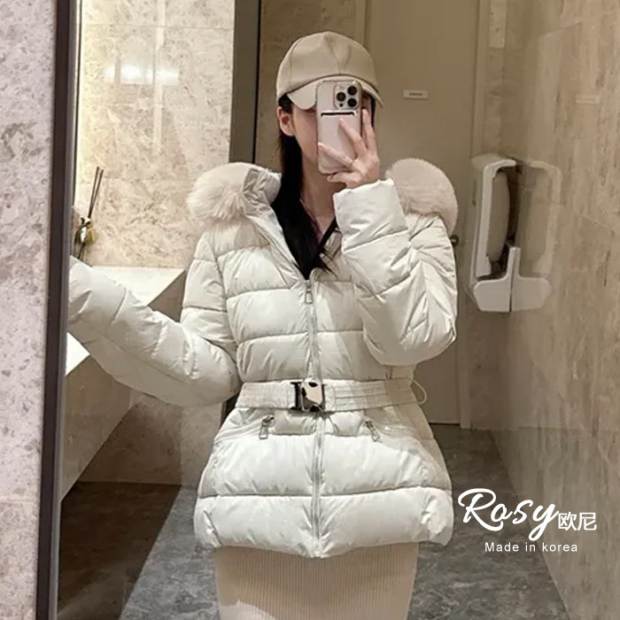 Rose欧尼 韩国代购收腰短款显瘦毛领连帽针织拼接棉服外套女