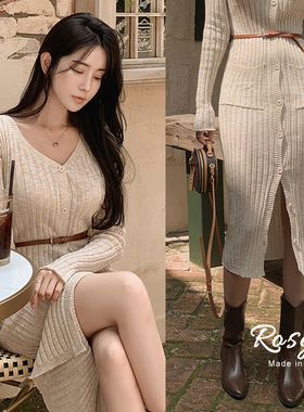 Rose欧尼 韩国代购Dearest！显瘦又气质的V领修身连衣裙11036