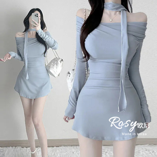 连衣裙女修身 挂脖飘带露肩长袖 显瘦短裙 韩国代购 Rose欧尼