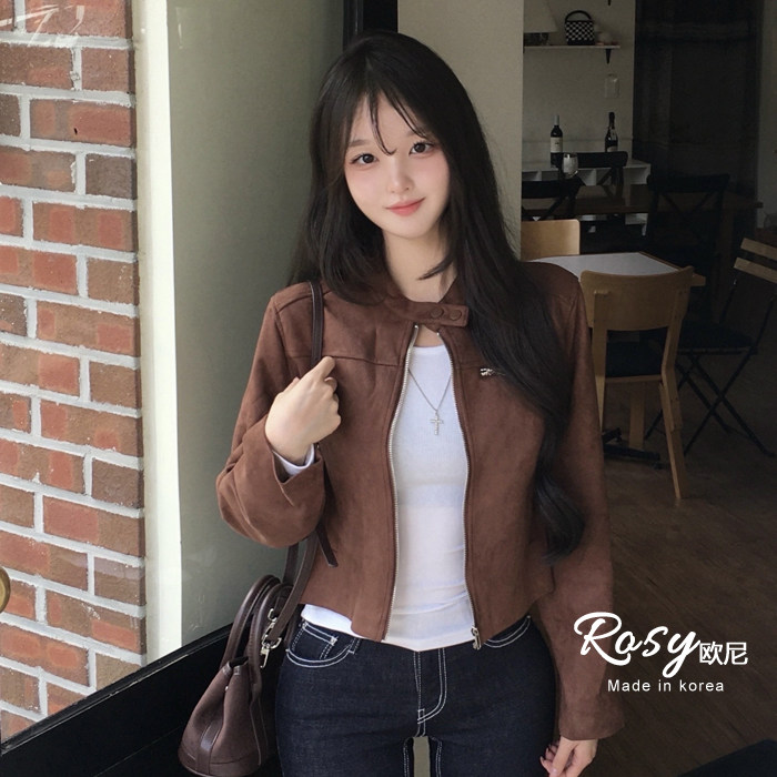 Rose欧尼 韩国代购复古麂皮绒皮衣外套女短款小香风美式复古夹克