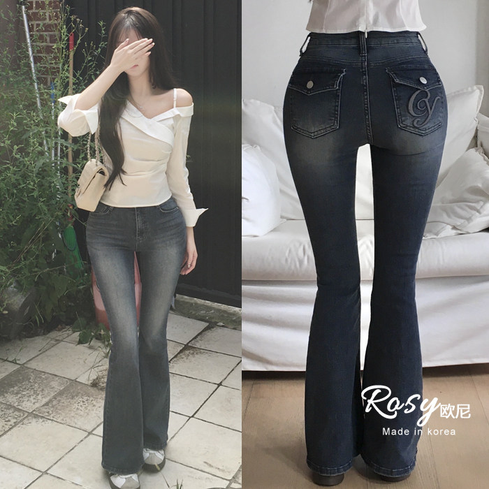 Rose欧尼 韩国代购复古辣妹微喇牛仔裤女高腰修身