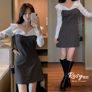 气质拼接假两件连衣裙女收腰显瘦包臀短裙 法式 Rose欧尼 韩国代购