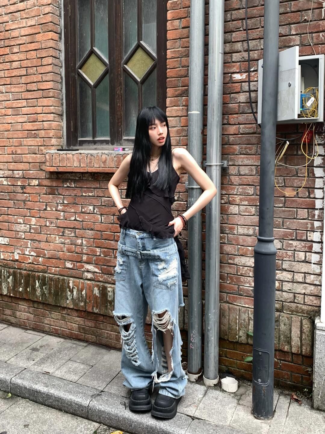阔腿常规复古美式高腰长裤