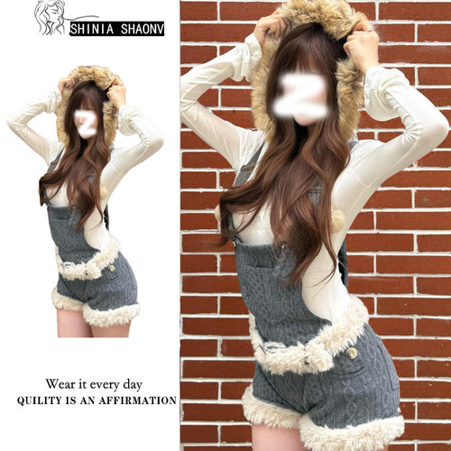 美式复古毛绒背带裤女秋冬