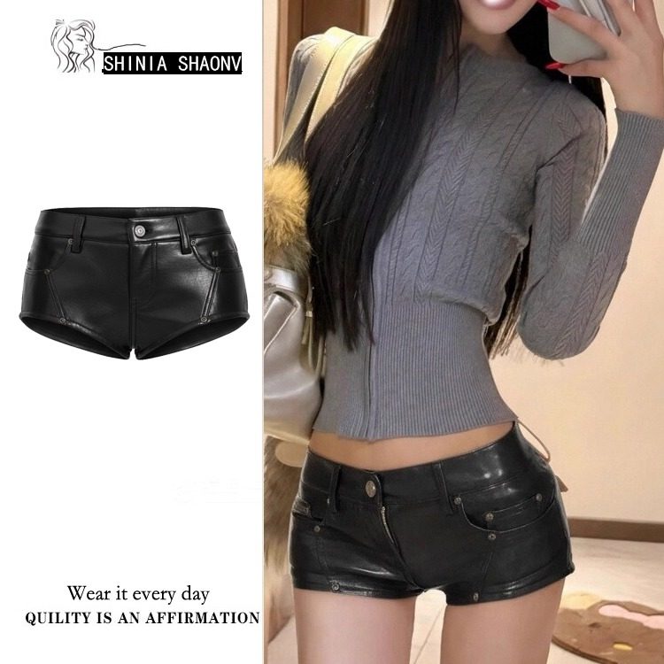 【拉高腿线】复古黑油蜡质感拼接复合低腰超显腿长厚实皮质短裤潮,女装/女士精品,皮裤,淘宝优惠券,粉丝福利购,淘宝优惠卷