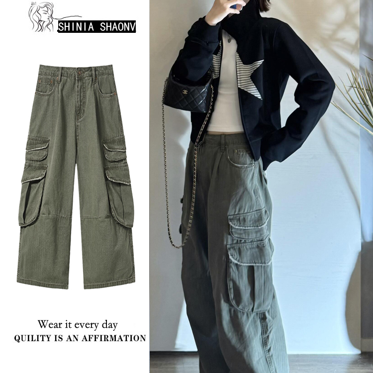 设计感多口袋磨破工装阔腿裤女水洗军绿色宽松显瘦百搭休闲长裤潮