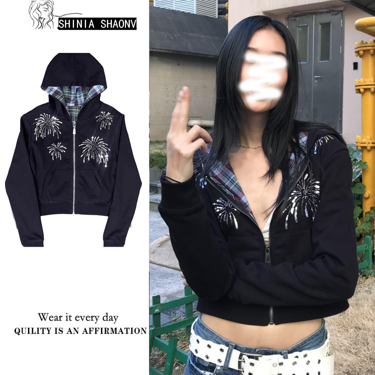 烟花珠片绣绣花卫衣长袖连帽外套