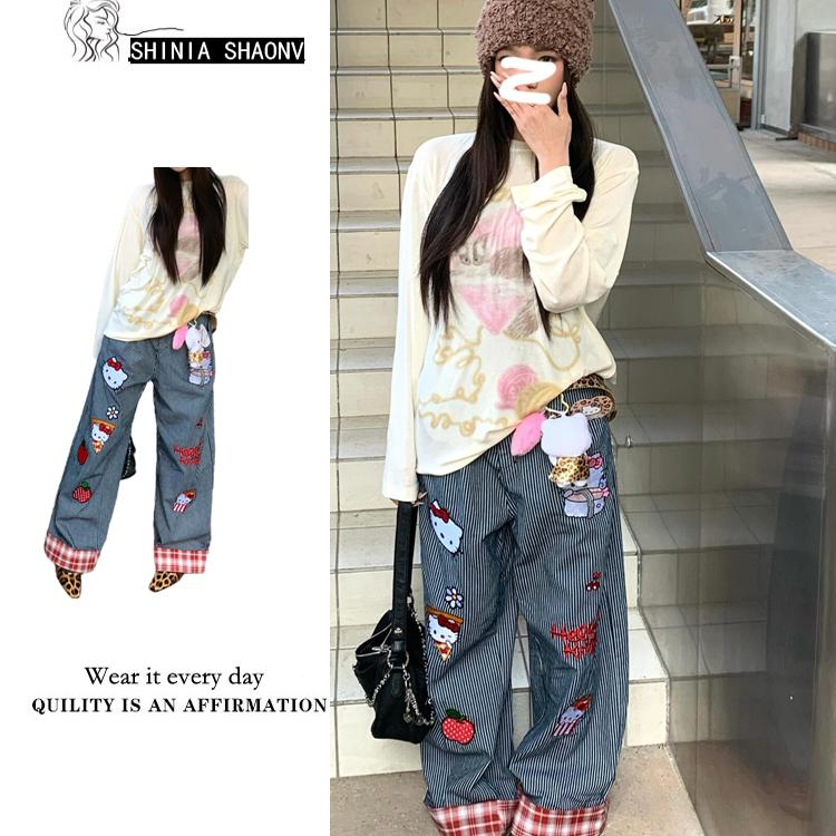kitty猫刺绣条纹阔腿牛仔裤子女