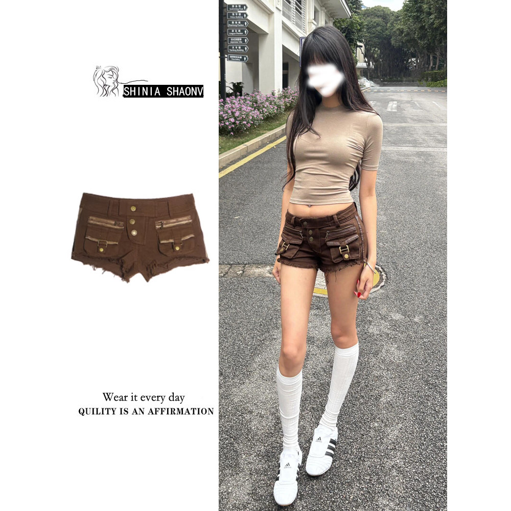 废土风棕色水洗多口袋毛边牛仔短裤女夏季复古低腰修身显瘦短裤子