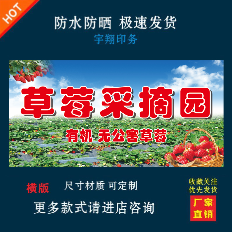 草莓采摘园背胶海报贴纸小吃车夜市摆摊广告招牌布小吃店贴画