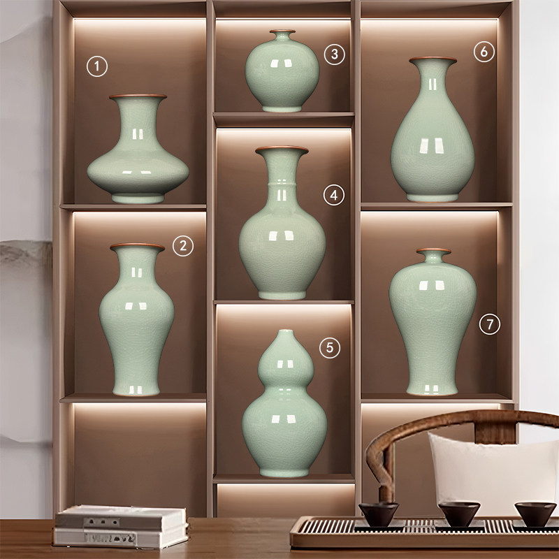 景德镇陶瓷器彷古官窑青釉开片裂纹花瓶博古架客厅玄关办公室摆件