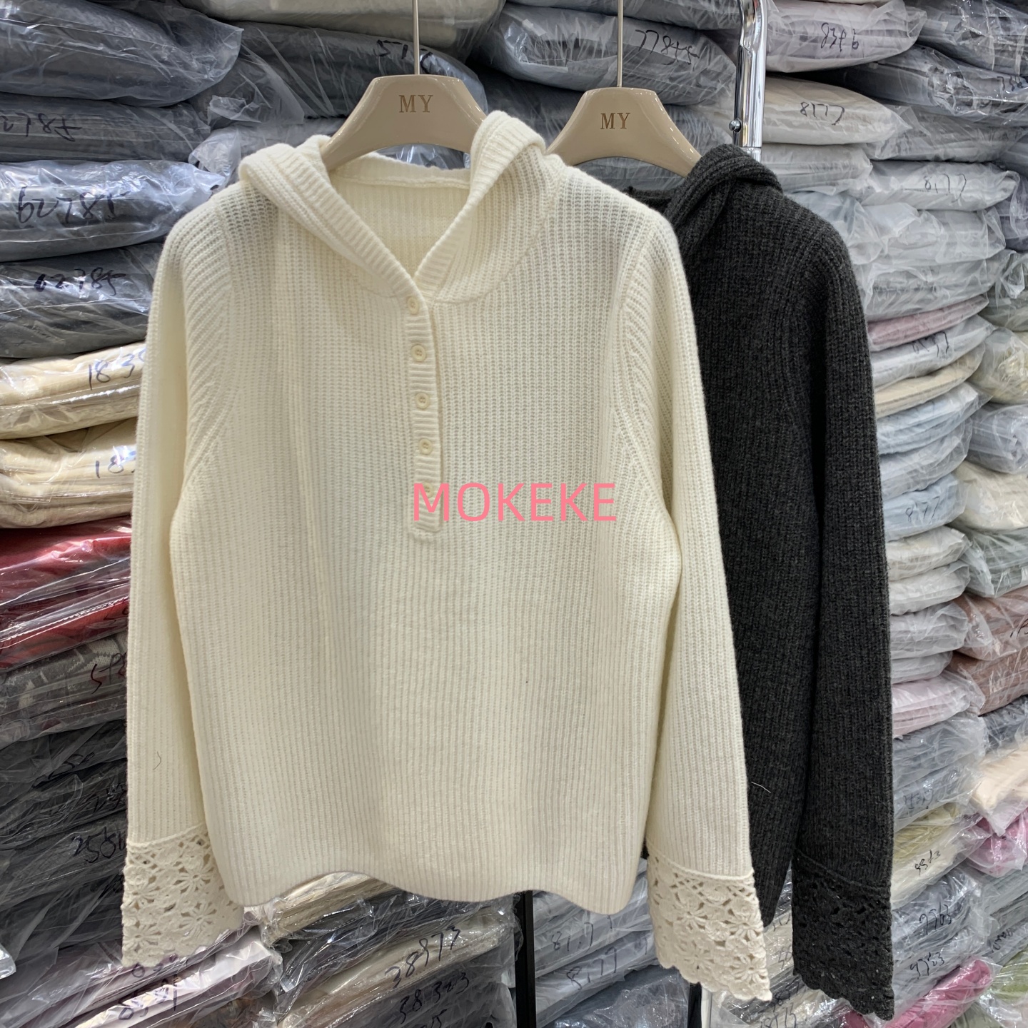 韩系新款连帽抽绳半扣针织衫