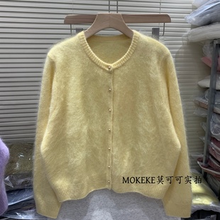 韩系圆领珍珠扣羊毛针织开衫女红色宽松显瘦拉毛长袖毛衣外套